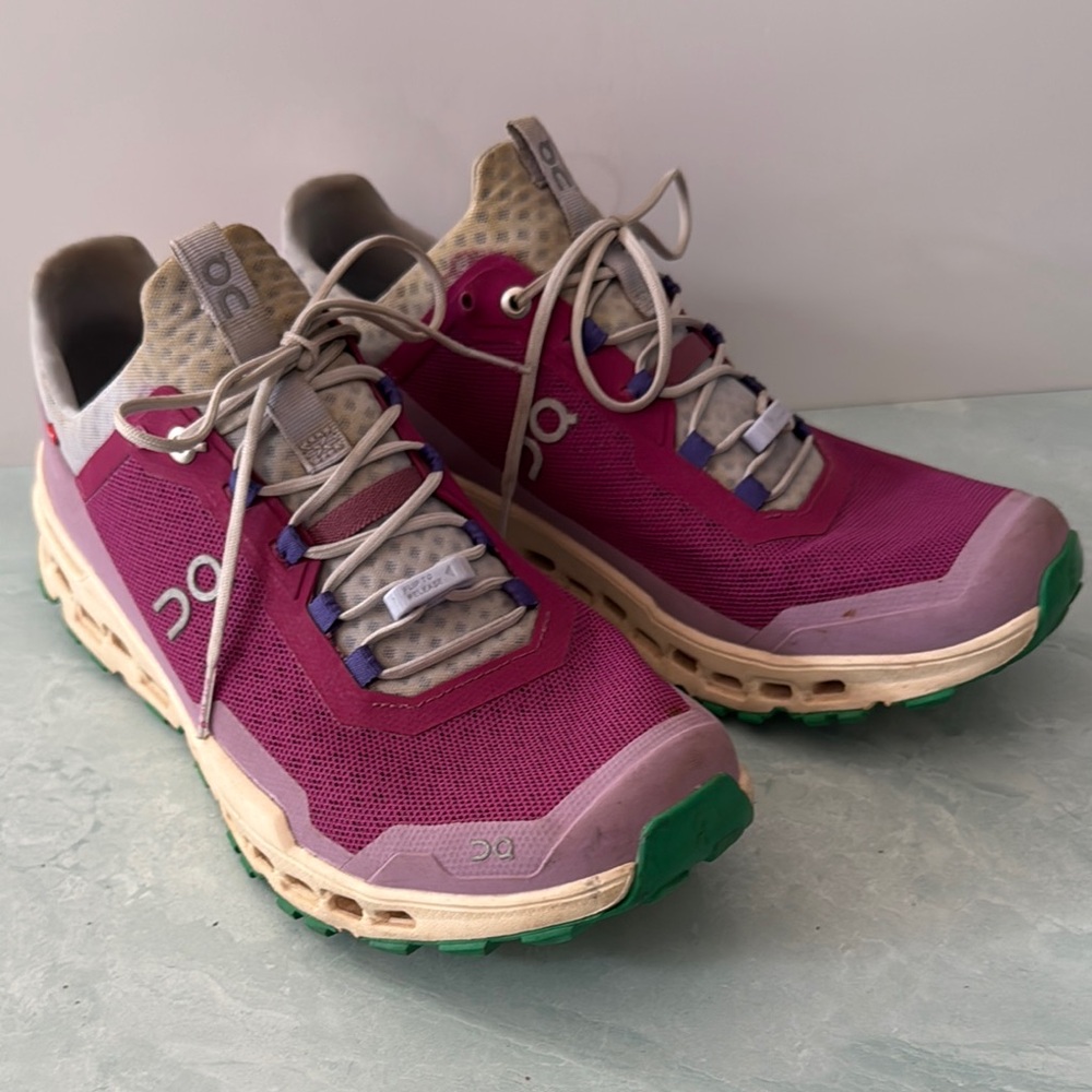 On Running Pink, Purple and Gray Athletic Shoes